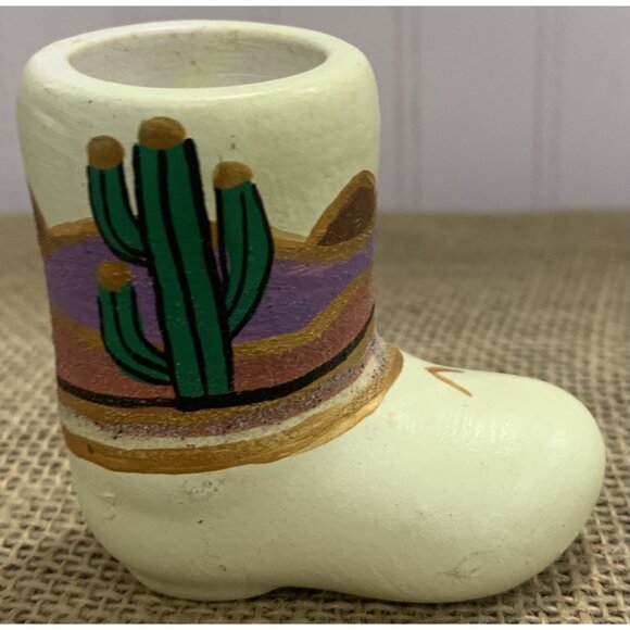 Vintage Southwestern Boot-Shaped Clay Vase With Cactus Desert Motif - Picture 4 of 7